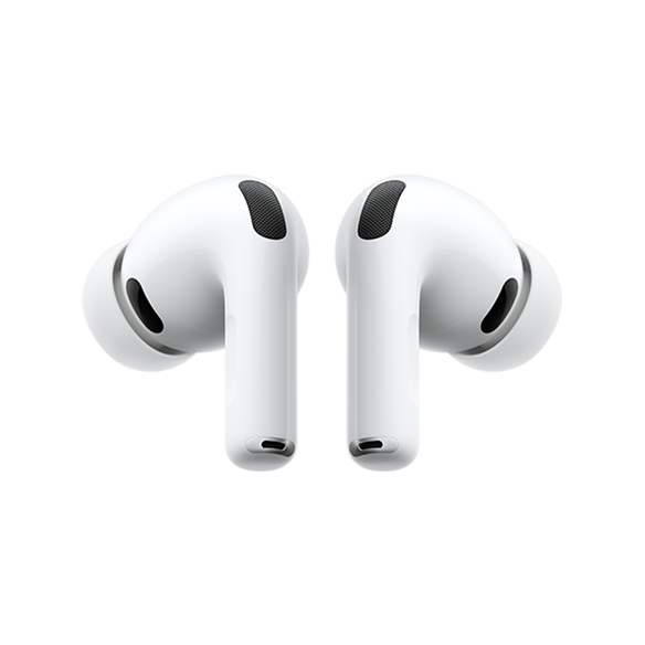 White wireless earbuds with a sleek design, featuring black speaker grilles and short stems, displayed against a plain background.