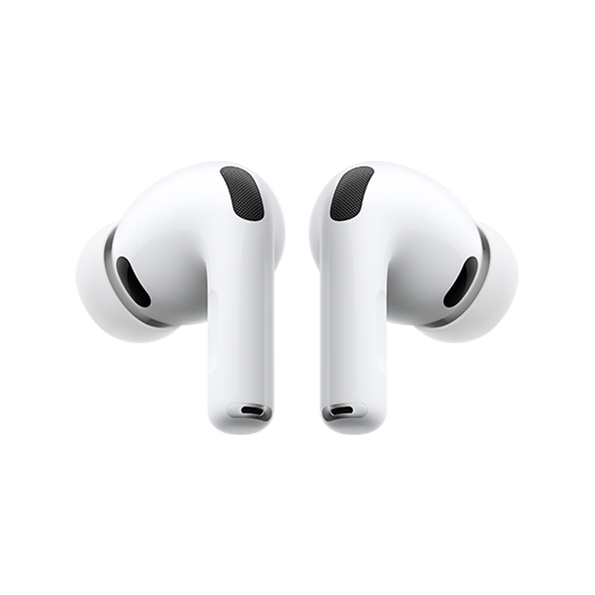White wireless earbuds with a sleek design, featuring black speaker grilles and short stems, displayed against a plain background.