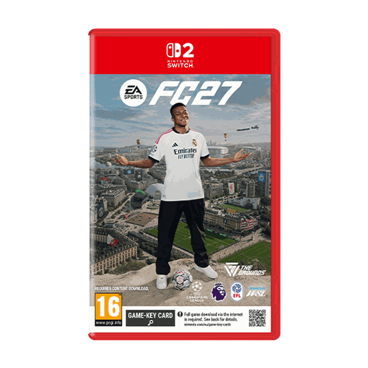 Nintendo Switch game cover for "EA Sports FC 27" featuring a soccer player in a white jersey, cityscape, and logos of various football leagues.