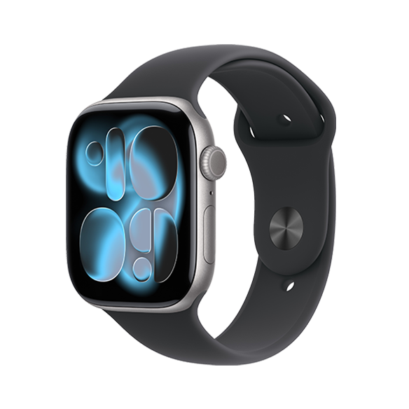 A smartwatch with a black band and a digital display showing abstract blue shapes on a black background.