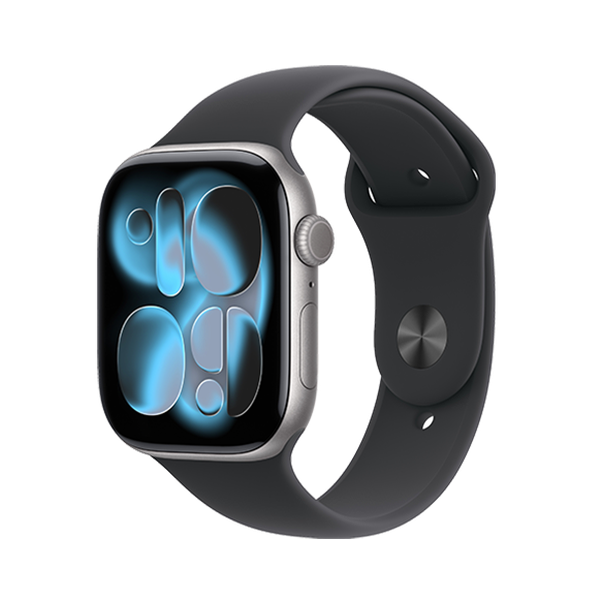 A smartwatch with a black band and a digital display showing abstract blue shapes on a black background.
