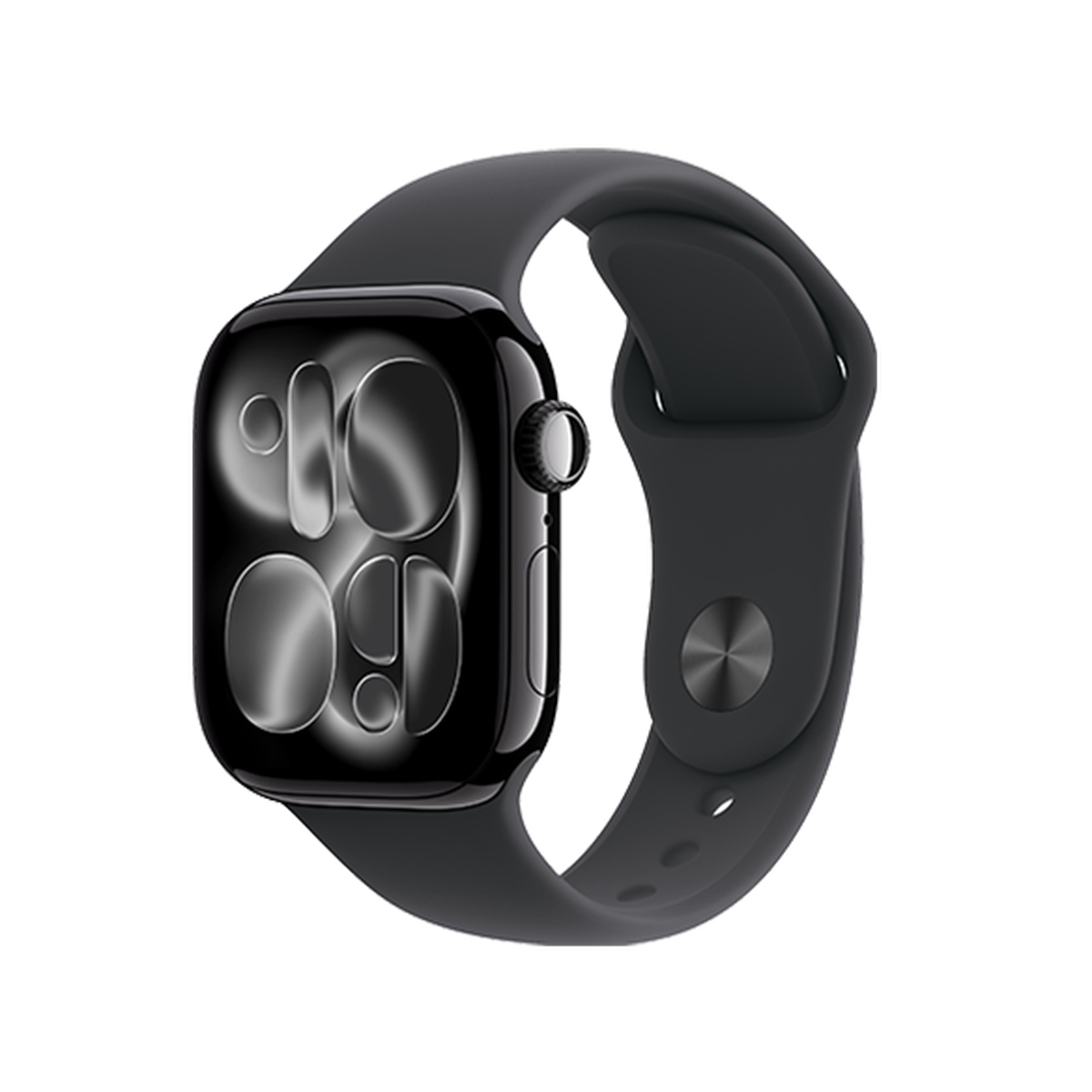 A sleek black smartwatch with a digital display and a black band, showcasing abstract shapes on the screen.