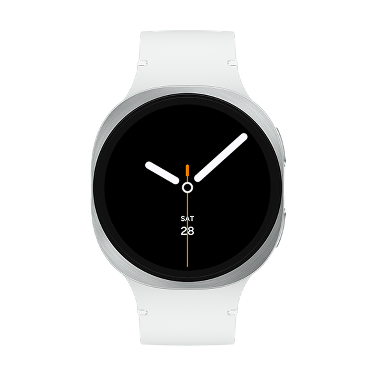 Smartwatch with a white band, displaying an analog clock with yellow and white hands, and a date reading "SAT 28" on a black screen.