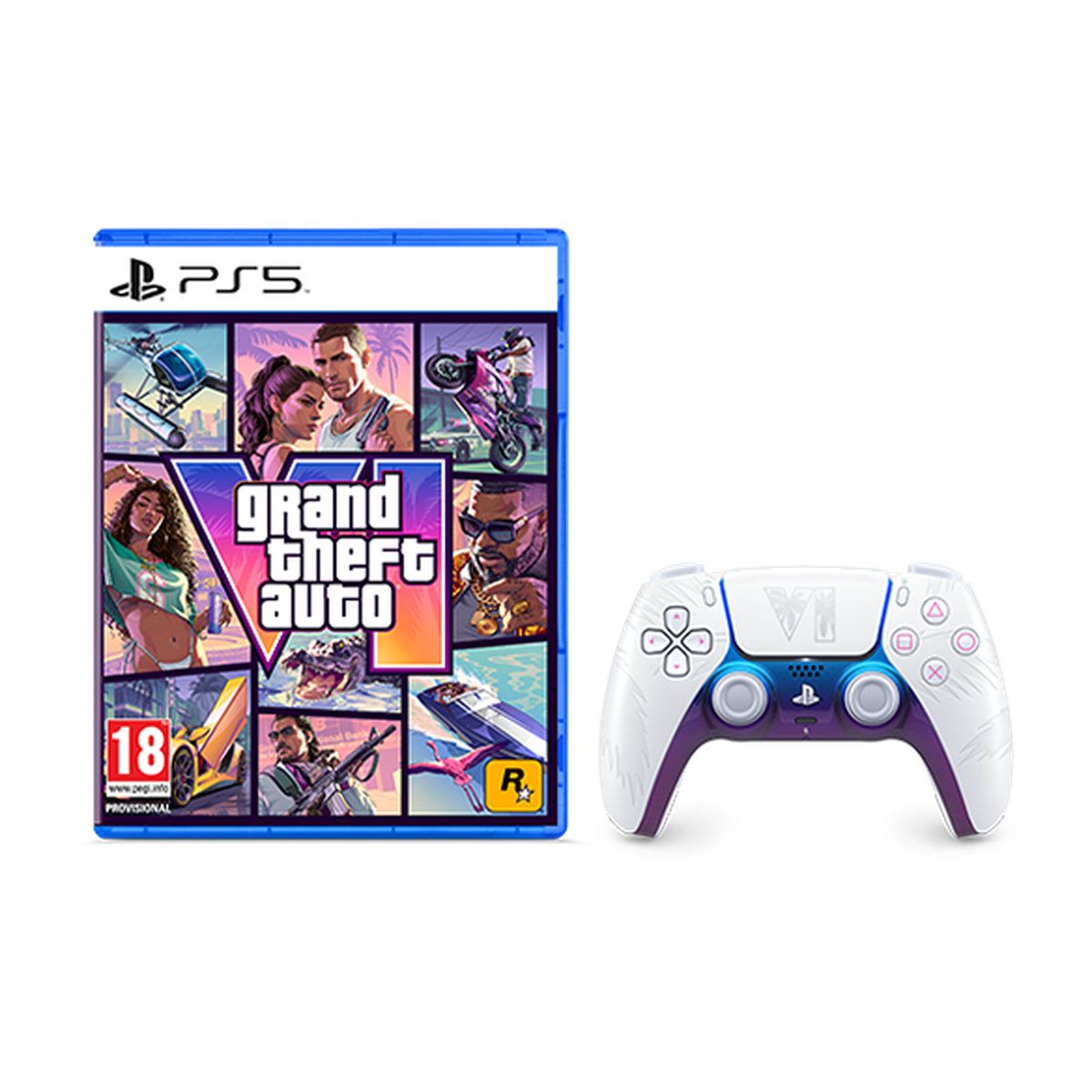 PS5 game "Grand Theft Auto VI" cover art next to a white and purple DualSense wireless controller.