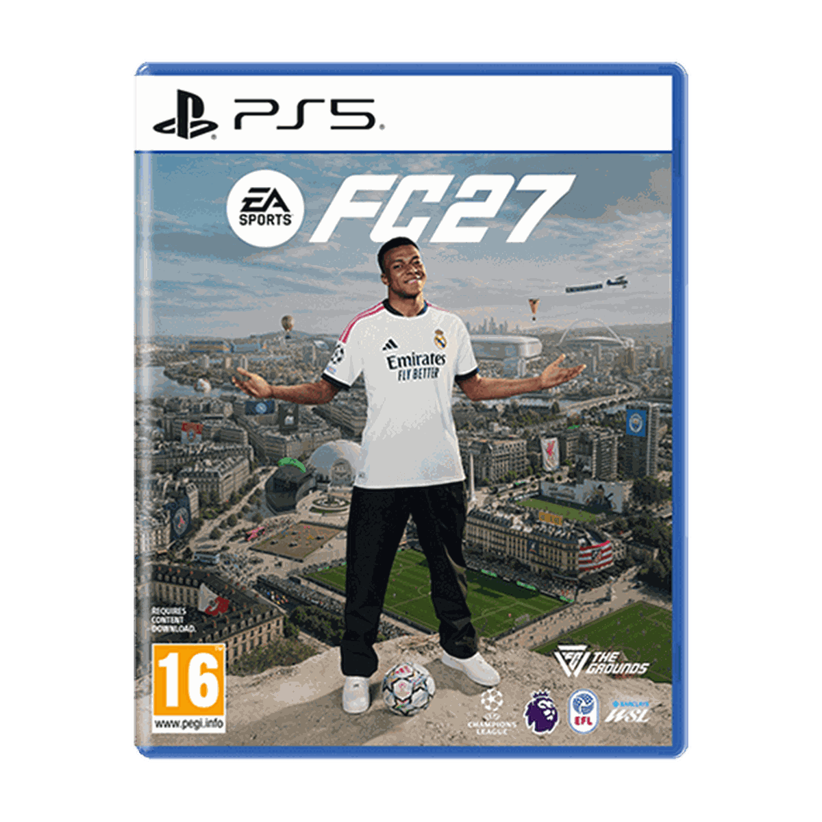 Cover of "EA Sports FC27" for PS5 featuring a soccer player in a white jersey, cityscape background, and sports logos.
