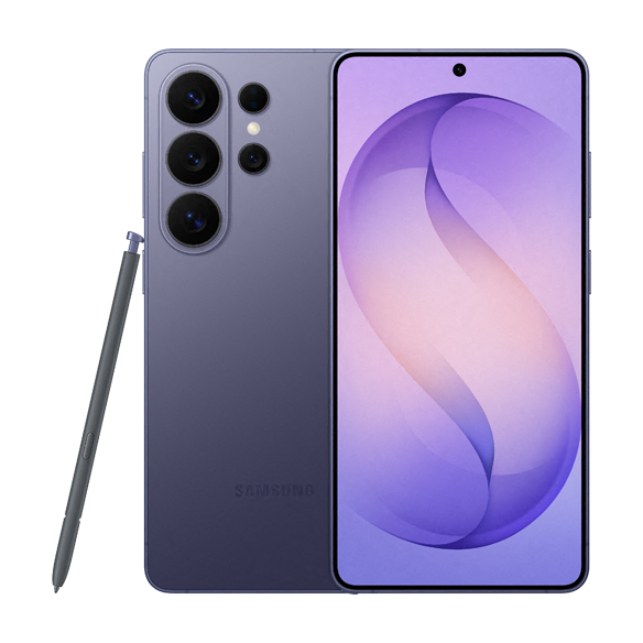 A sleek smartphone displays a purple abstract wallpaper. It features multiple rear cameras and an S Pen beside it.