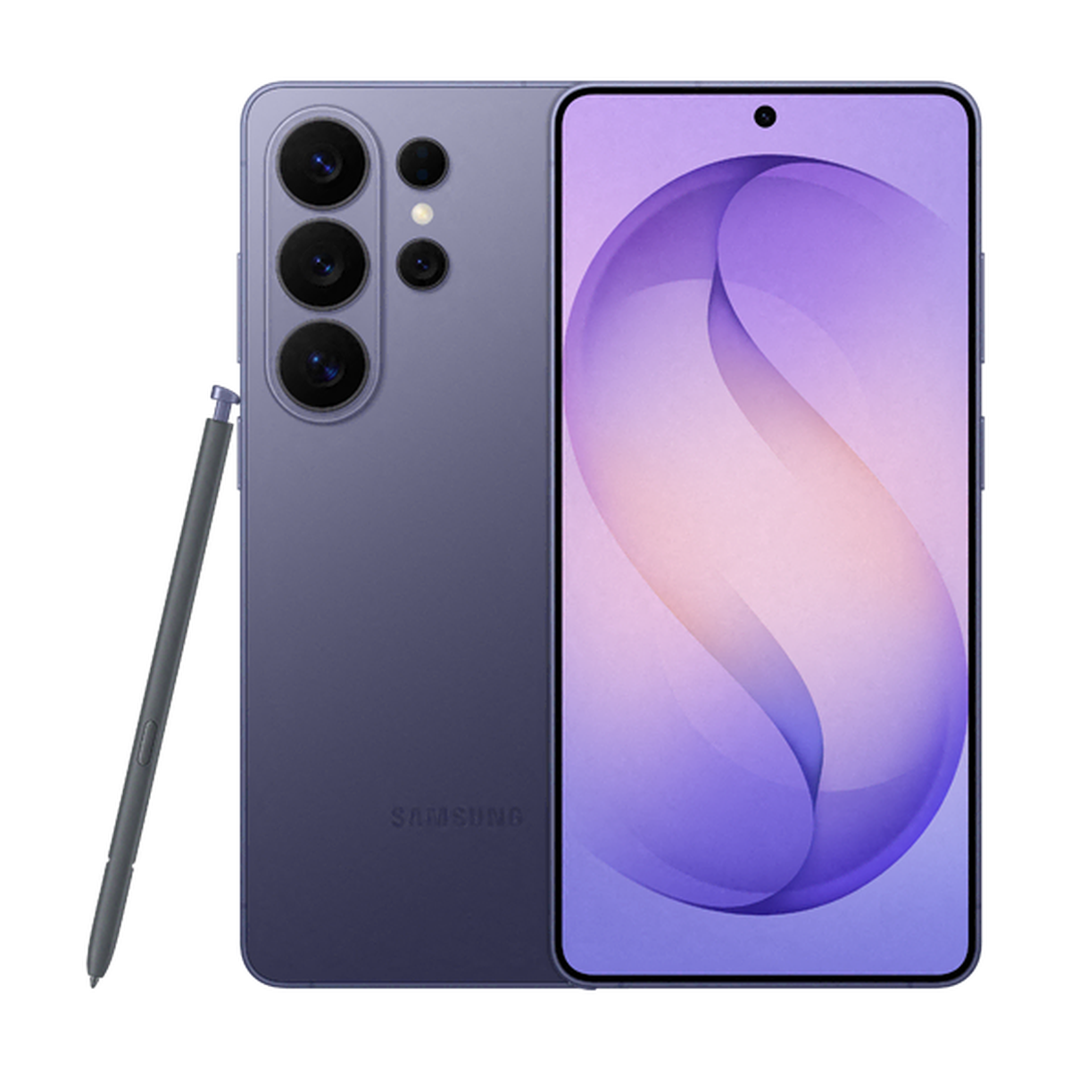 A sleek smartphone displays a purple abstract wallpaper. It features multiple rear cameras and an S Pen beside it.