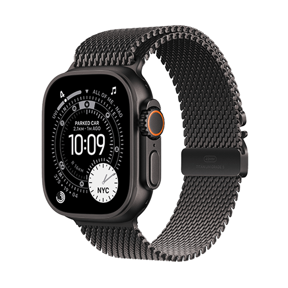 A smartwatch with a metal mesh band displays the time, NYC location, and parked car info on its round screen.