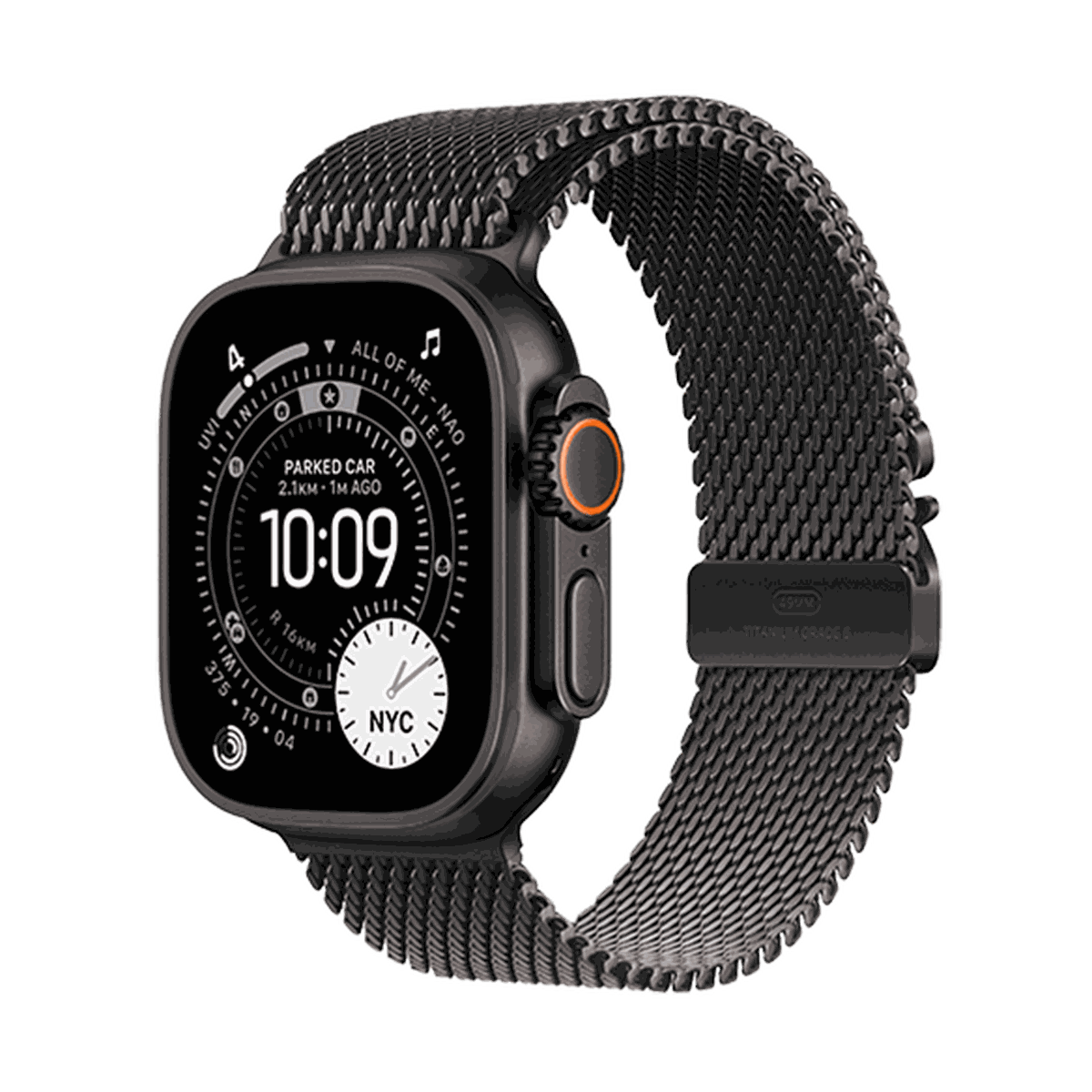 A smartwatch with a metal mesh band displays the time, NYC location, and parked car info on its round screen.