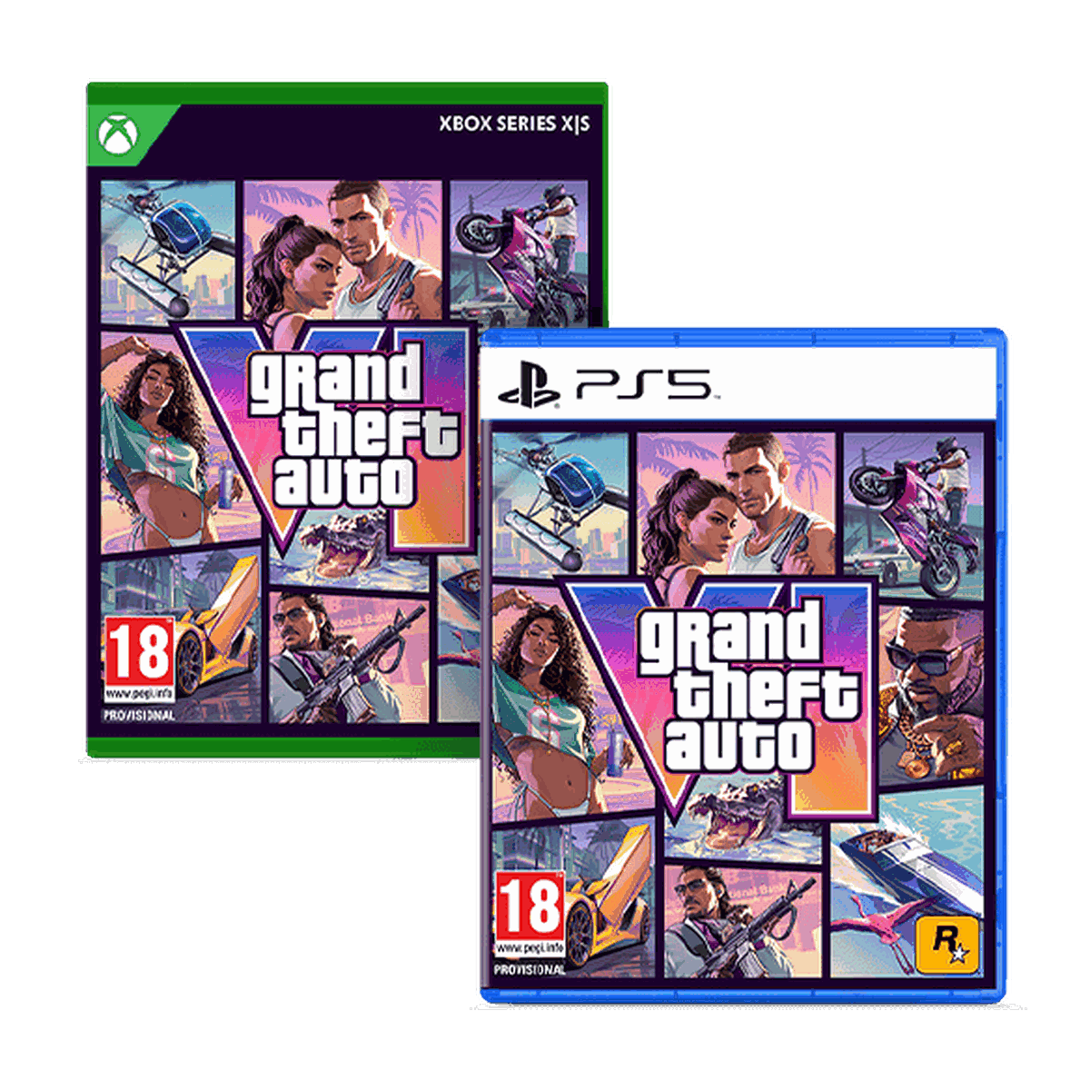 Two video game cases for "Grand Theft Auto" on Xbox Series X|S and PS5, featuring a collage of urban action scenes.