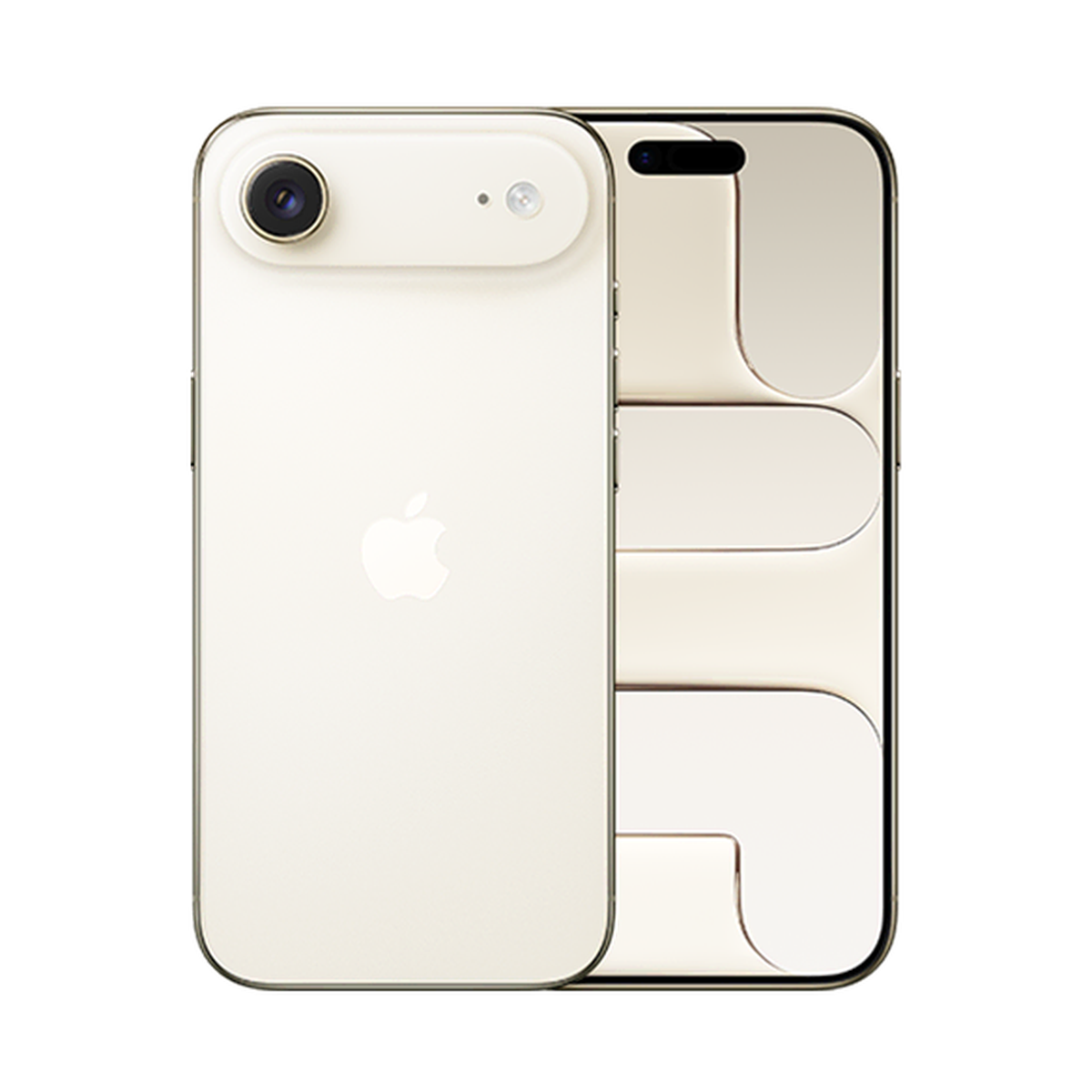 Two smartphones with cream-colored backs; one shows a camera and Apple logo, the other displays a geometric pattern on the screen.