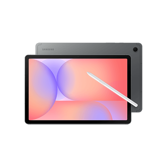 A tablet with a stylus, displaying a colorful abstract screen, is placed in front of a dark gray tablet, both on a black background.
