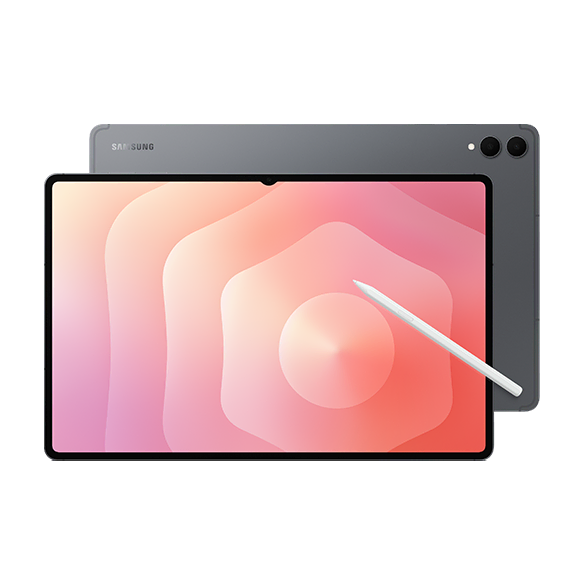 Samsung tablet with a stylus, featuring a pink gradient screen, dual rear cameras, and a sleek, dark gray design.