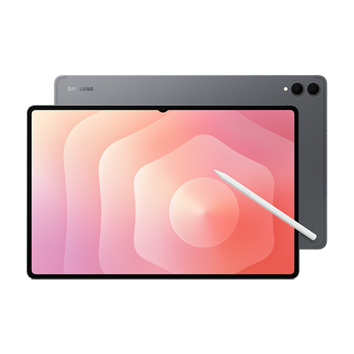 Samsung tablet with a stylus, featuring a pink gradient screen, dual rear cameras, and a sleek, dark gray design.