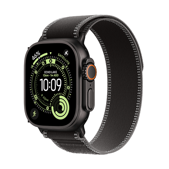 Smartwatch with a black band displaying time, fitness metrics, and a satellite icon on a digital screen.