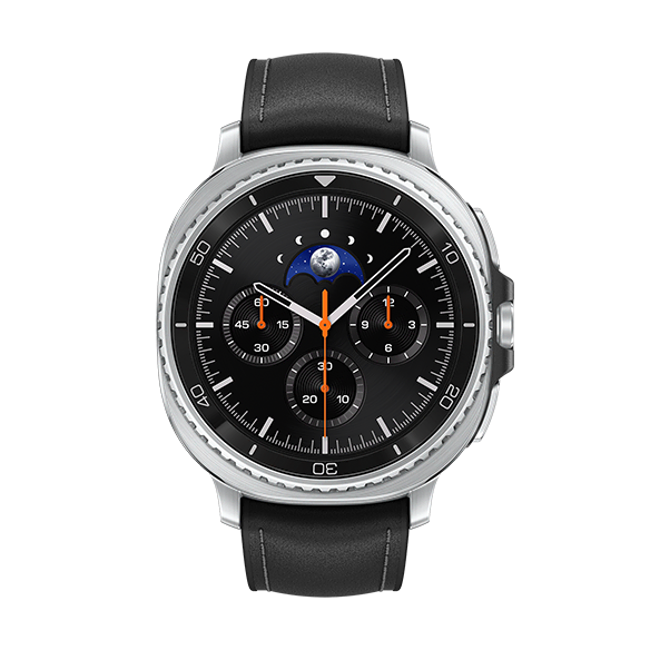 A sleek smartwatch with a black leather strap, featuring a chronograph display with multiple dials and a moon phase indicator.