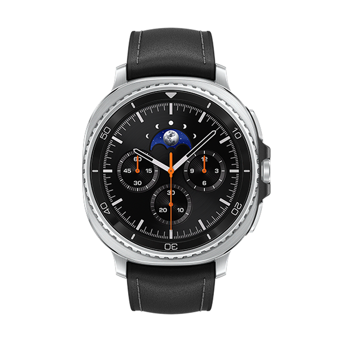 A sleek smartwatch with a black leather strap, featuring a chronograph display with multiple dials and a moon phase indicator.