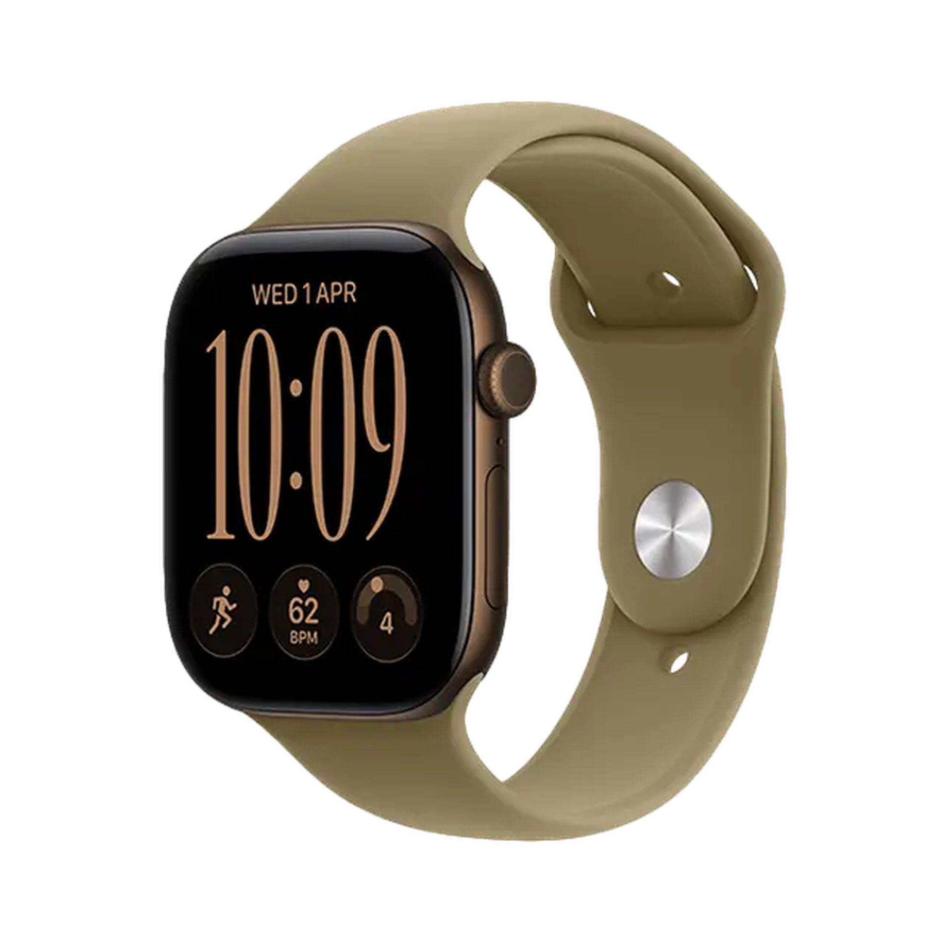 Smartwatch with a green band, displaying the time 10:09, heart rate at 62 BPM, and date Wednesday 1 April.