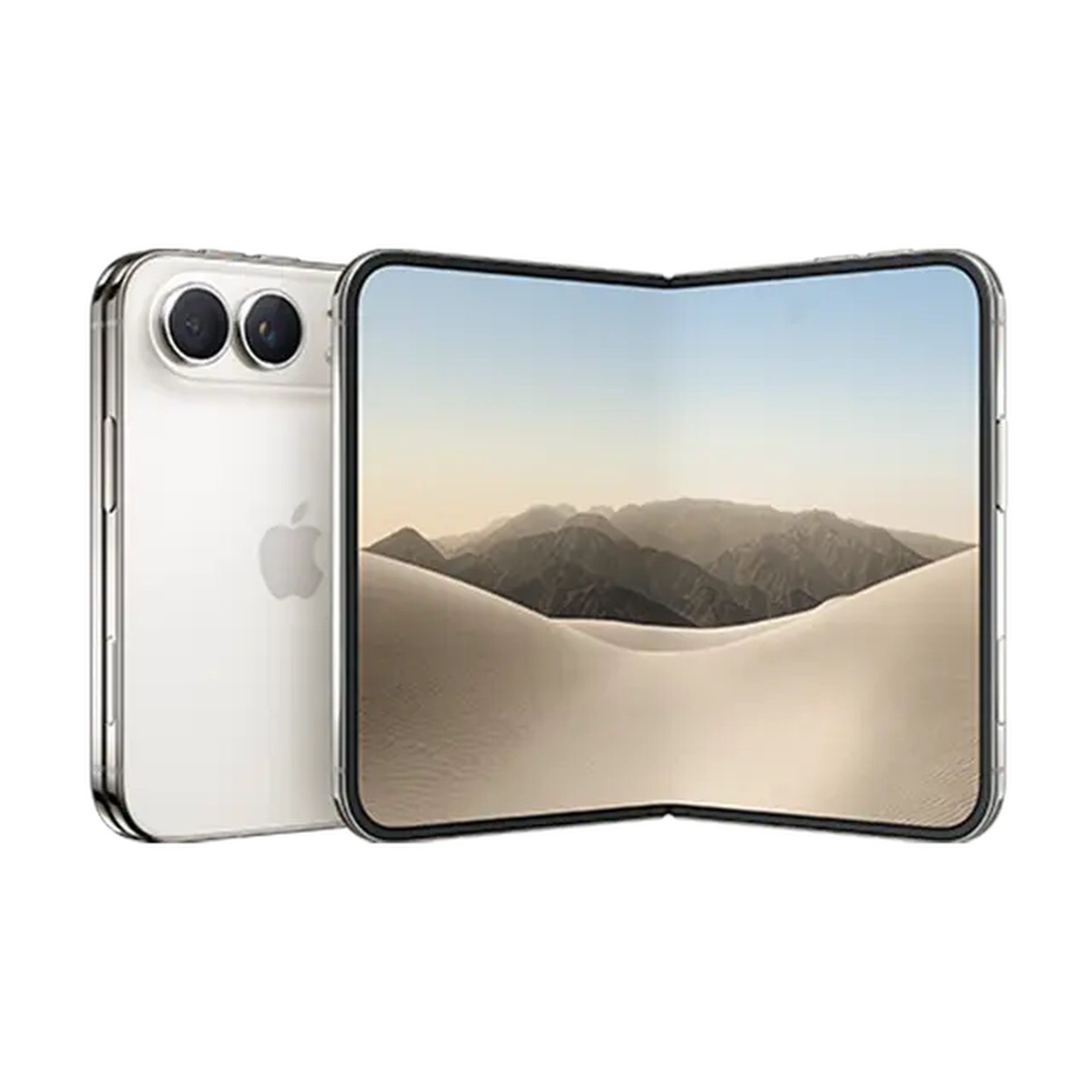 Foldable smartphone with a desert landscape on the screen, next to a closed phone showing a dual-camera setup and logo on the back.