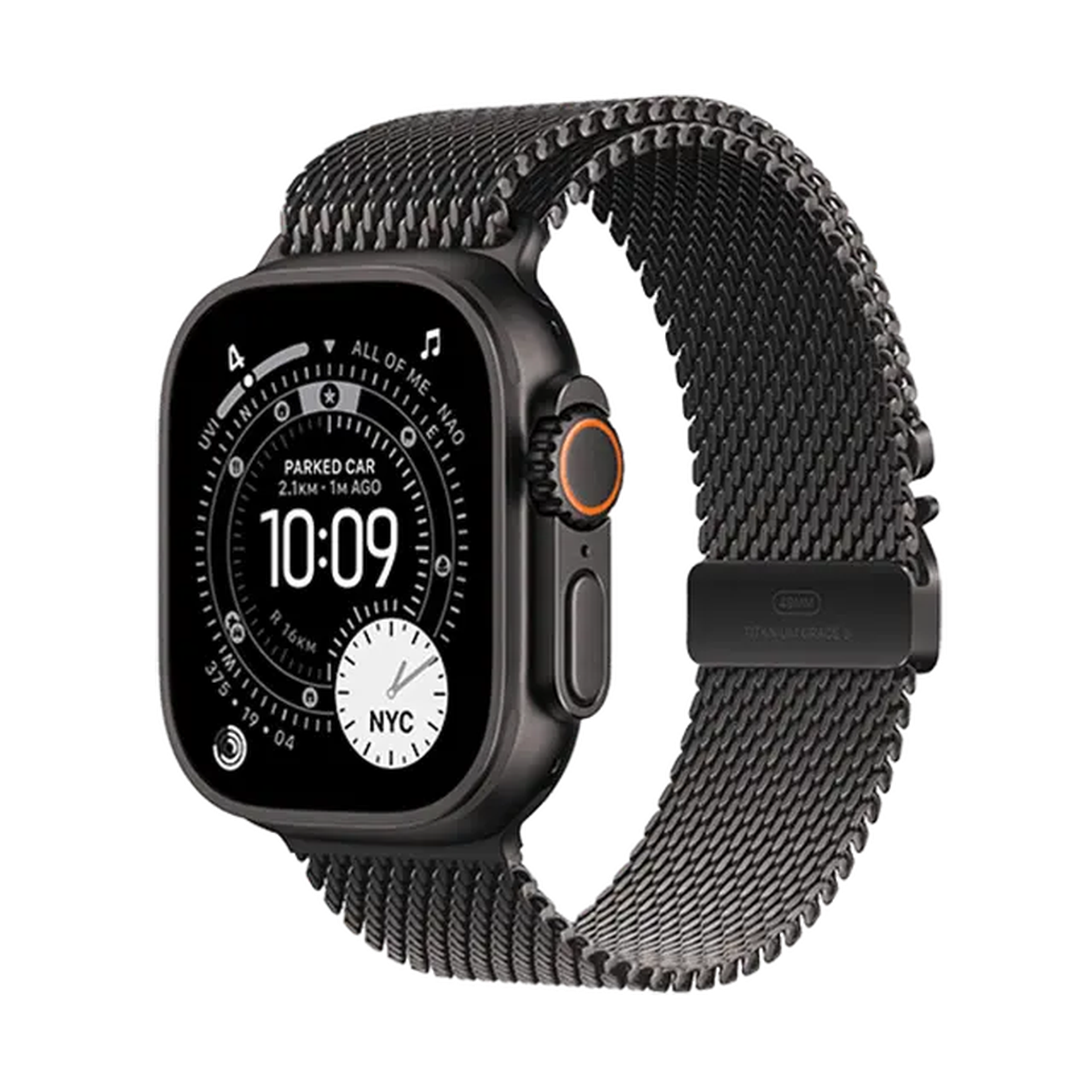 A black smartwatch with a digital display showing time, date, and location details, featuring a black metal mesh band and orange accent button.