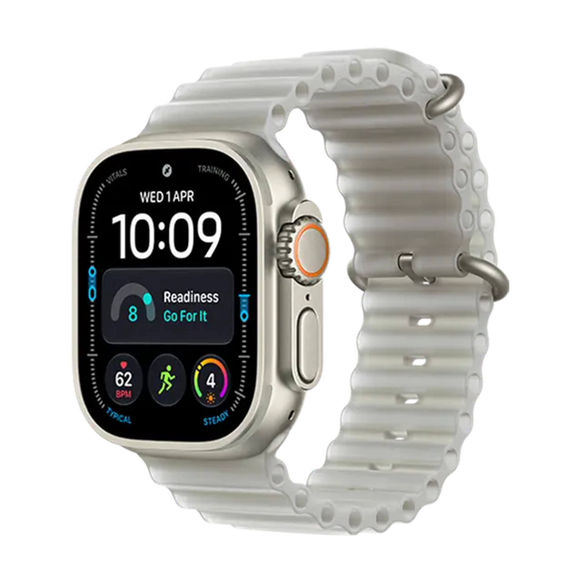 Smartwatch with a white band displaying time, date, and health metrics on a colorful, interactive screen.