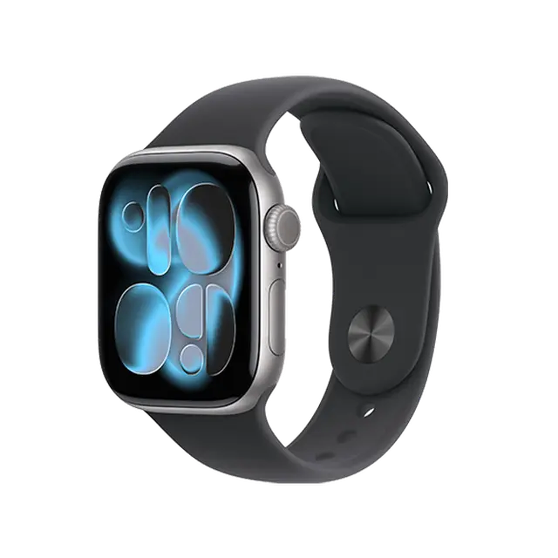 A modern smartwatch with a black band and a digital display showing abstract blue shapes.