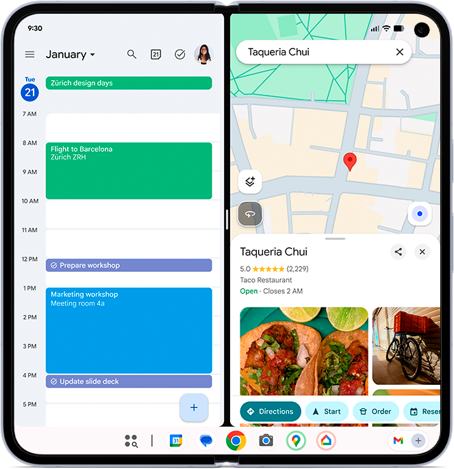 Image of the wide screen of the Pixel 10 Pro Fold showcasing how to interact with different features simultaneously