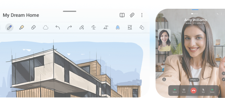2 people having a video call with one of them waving on the right side while on the left we see a design labeled 'My dream home'.