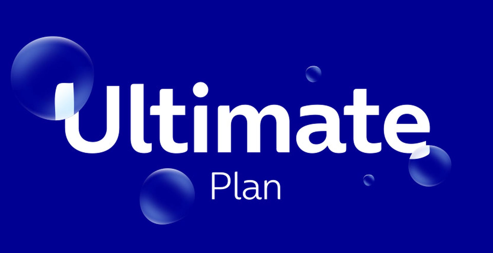 White text "Ultimate Plan" on a blue background with floating translucent bubbles.