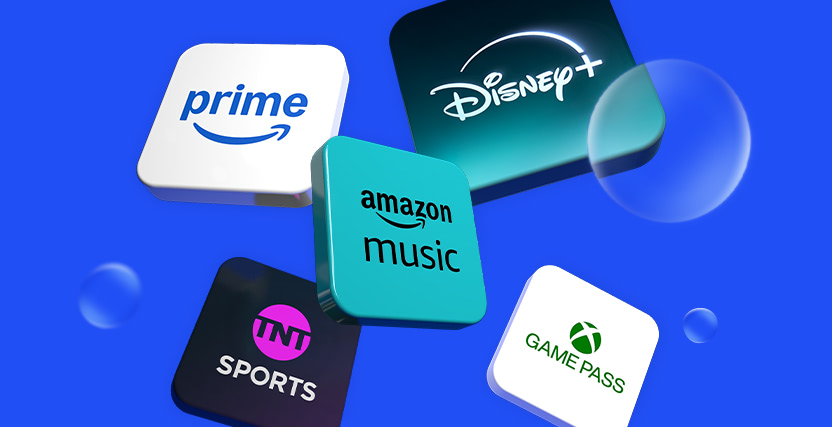Floating logos of Prime, Disney+, Amazon Music, TNT Sports, and Game Pass on a blue background with bubbles.