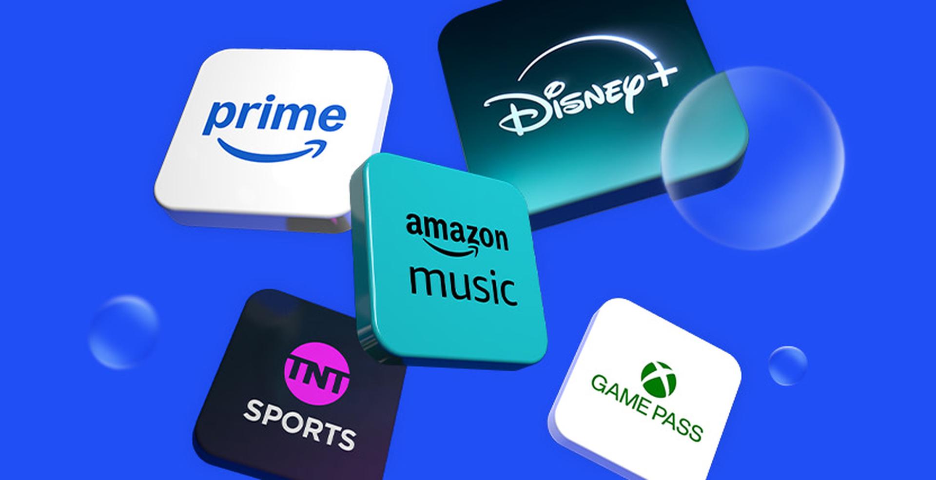 Floating logos of Prime, Disney+, Amazon Music, TNT Sports, and Game Pass on a blue background with bubbles.