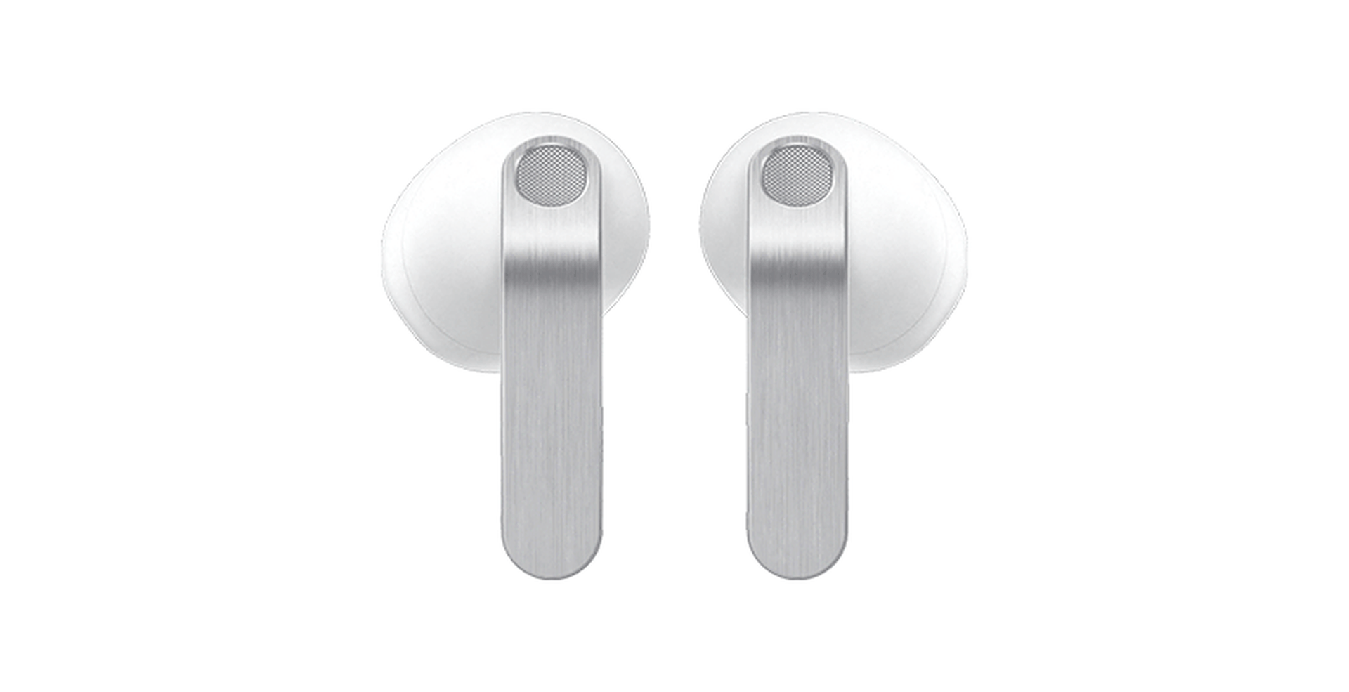 Silver wireless earbuds with a brushed metal finish and white ear tips, featuring small circular speaker grilles on the sides.