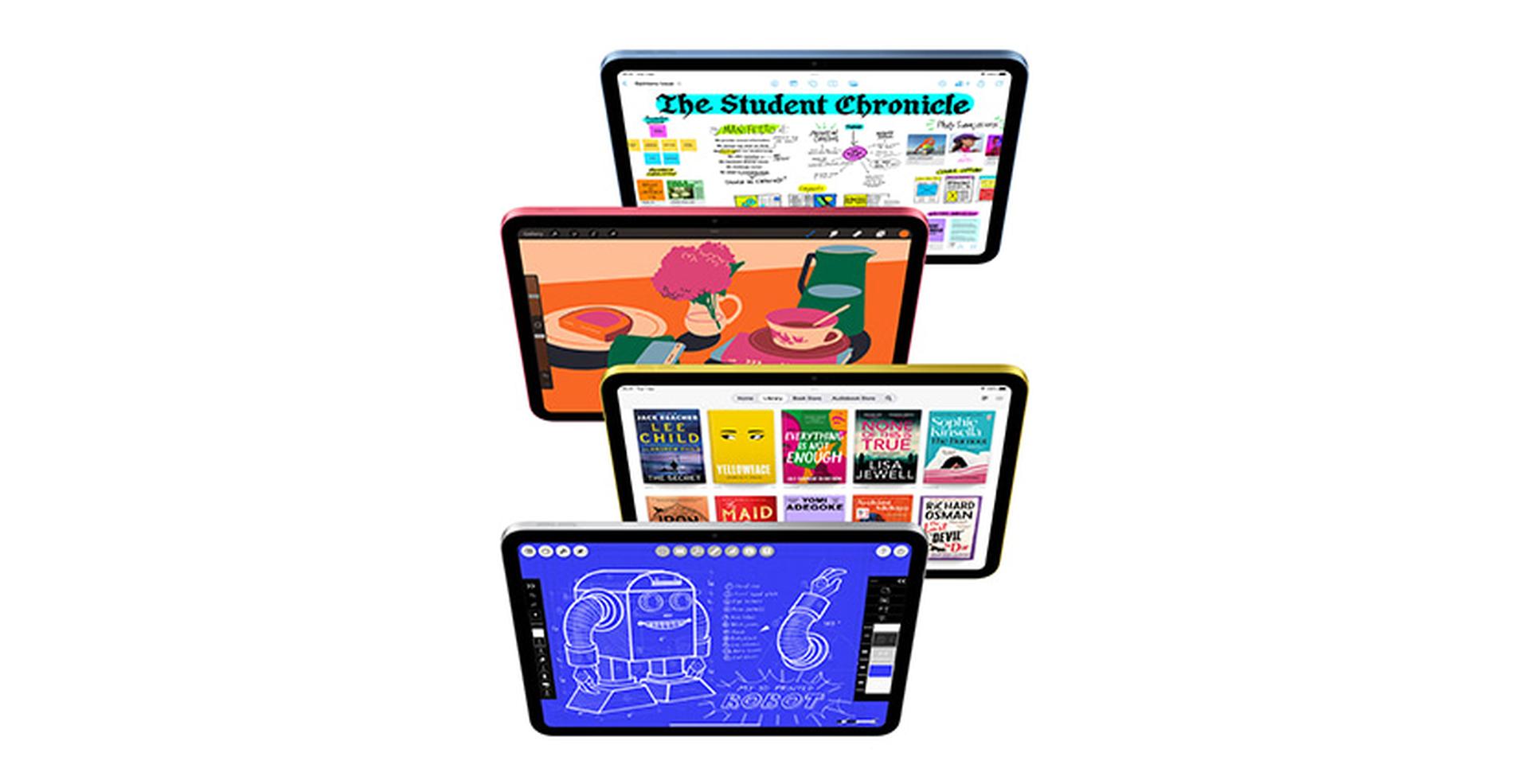 Four tablets displaying different screens: a newspaper, an illustration of a coffee setup, a selection of book covers, and a robot blueprint.