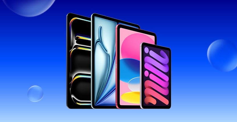 Four colorful tablets with distinct designs and screens of various sizes are displayed against a blue background with floating bubbles.