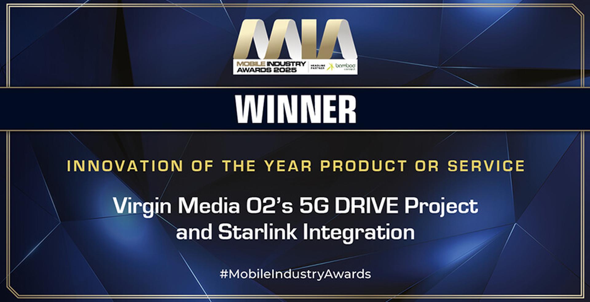 Award for Innovation of the Year goes to Virgin Media O2's 5G DRIVE Project and Starlink Integration at Mobile Industry Awards 2023.