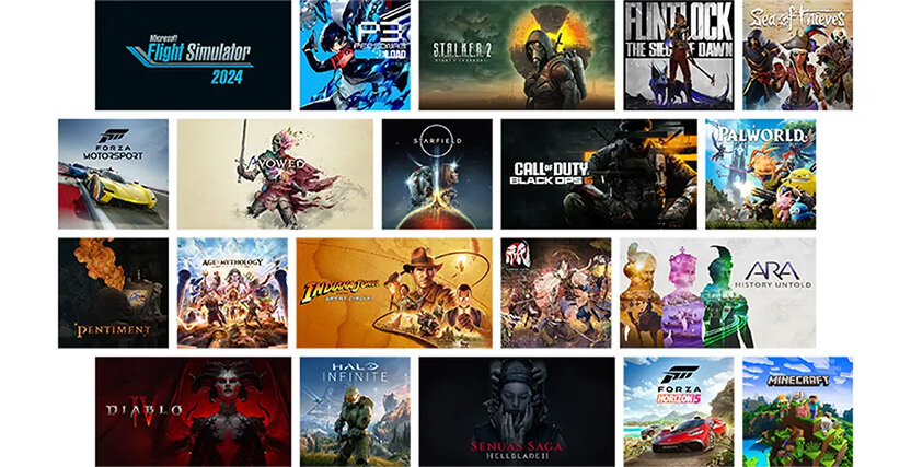 Collage of video game covers, including "Microsoft Flight Simulator 2024," "Starfield," "Diablo IV," and "Minecraft Legends."