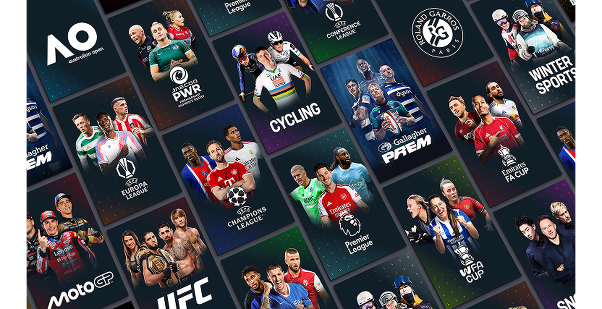 Collage of various sports events and athletes, including cycling, soccer leagues, motorsports, UFC, and tennis tournaments with logos and images.