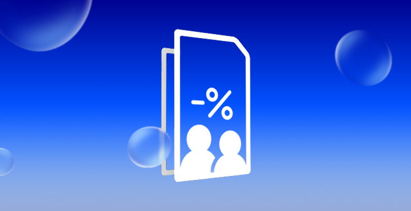 Icon of two people and a percentage symbol on a document against a blue gradient background with floating translucent bubbles.