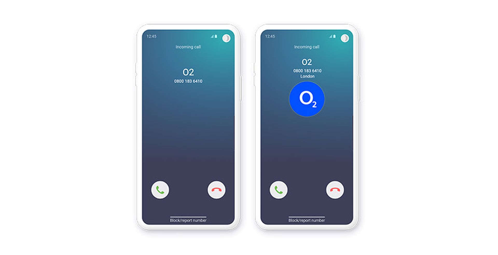 'Brand ID' - Two smartphones display incoming calls from "O2," showing the number 0800 182 8410, with options to accept or decline the call.