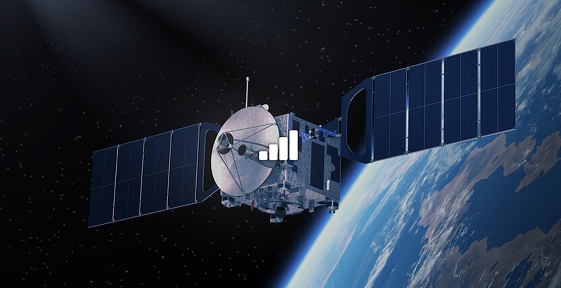 A satellite with large solar panels orbits Earth against a backdrop of space, with a signal strength icon overlay on the image.