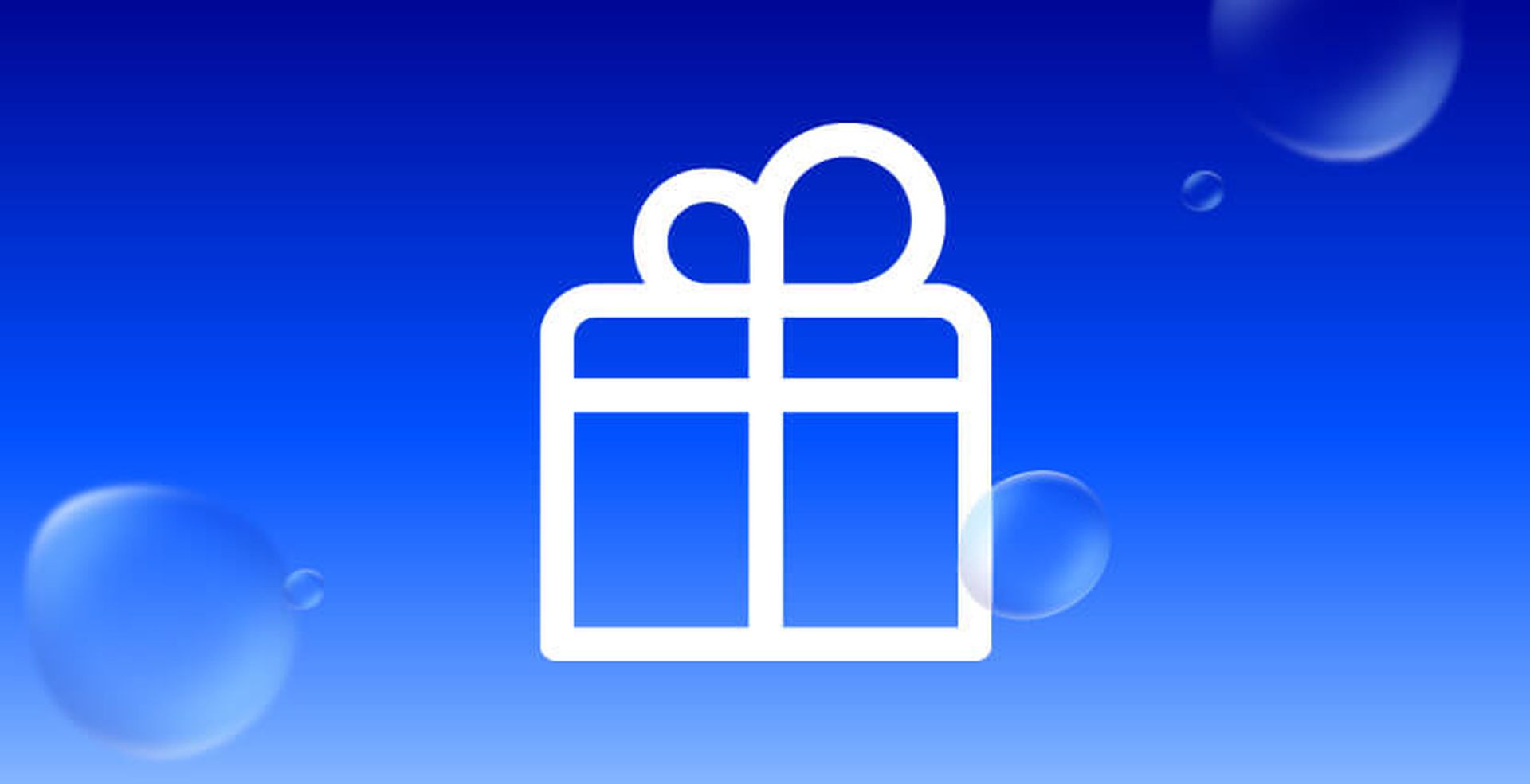 White gift box icon with a bow on a blue gradient background with bubbles.