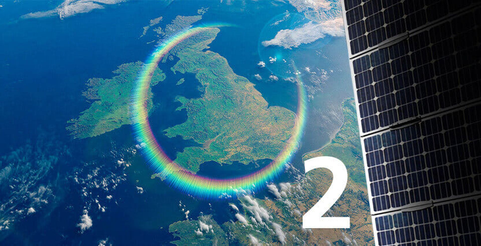 View of the UK and Ireland from space, with a rainbow circle and a solar panel visible, alongside a white number 2 in the foreground.