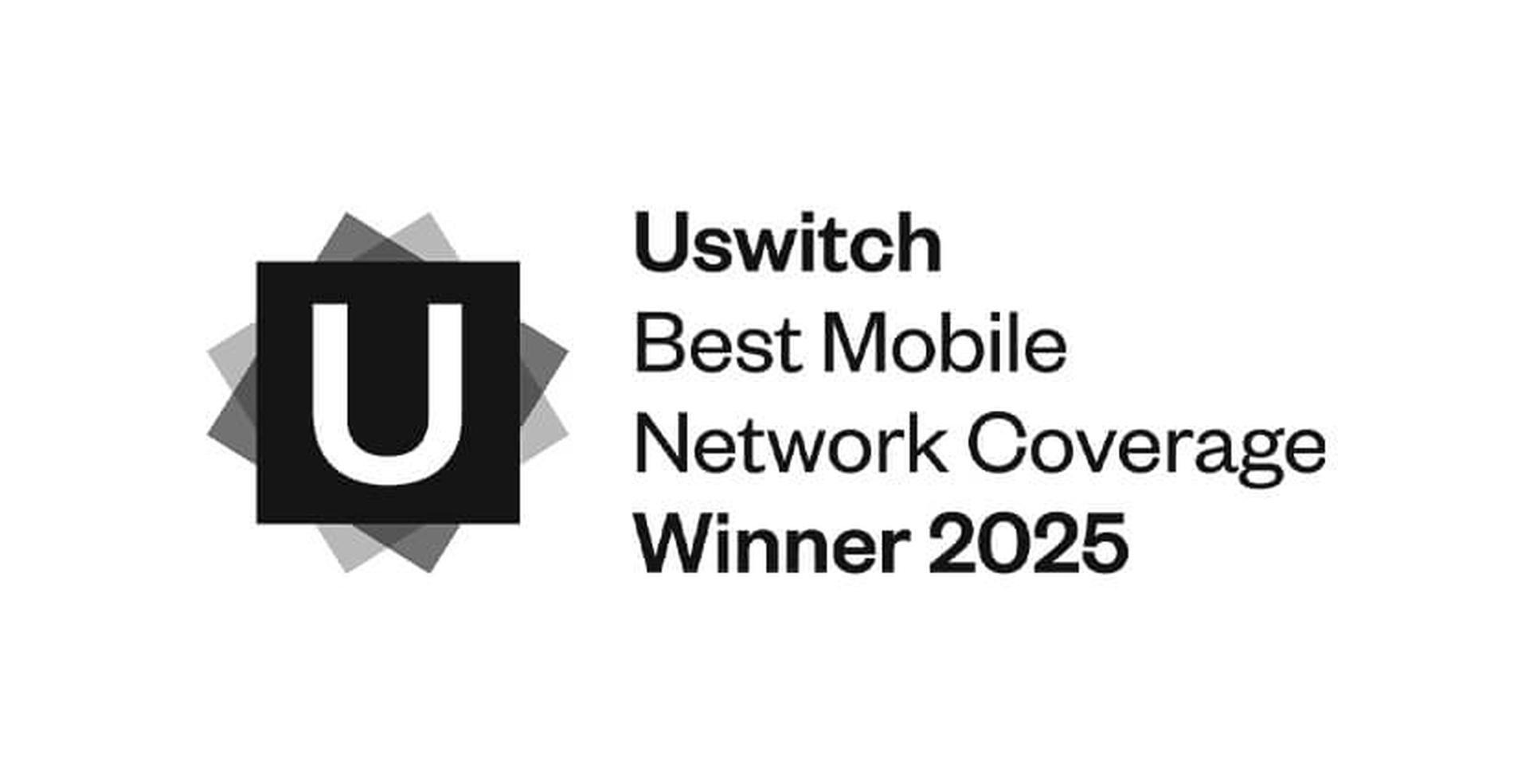 Uswitch award logo for "Best Mobile Network Coverage Winner 2025" with a large letter "U" in a black square.