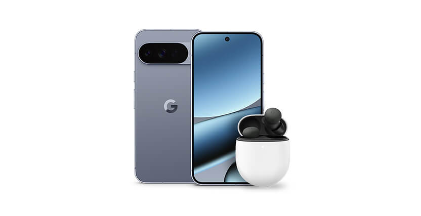 A sleek smartphone with a blue-gray back and front display, accompanied by wireless earbuds in a white charging case.