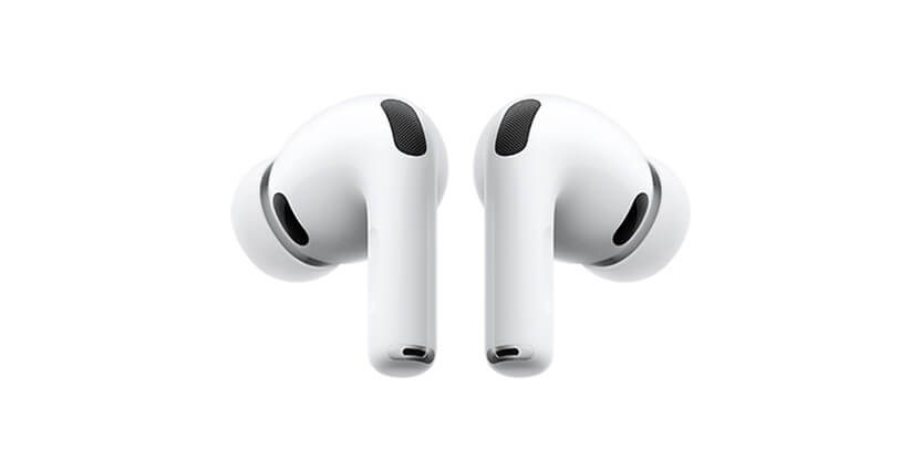 Close-up of a pair of white wireless earbuds with black accents, featuring a sleek and compact design.