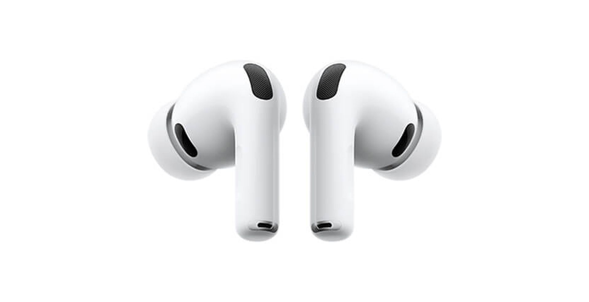 Close-up of a pair of white wireless earbuds with black accents, featuring a sleek and compact design.