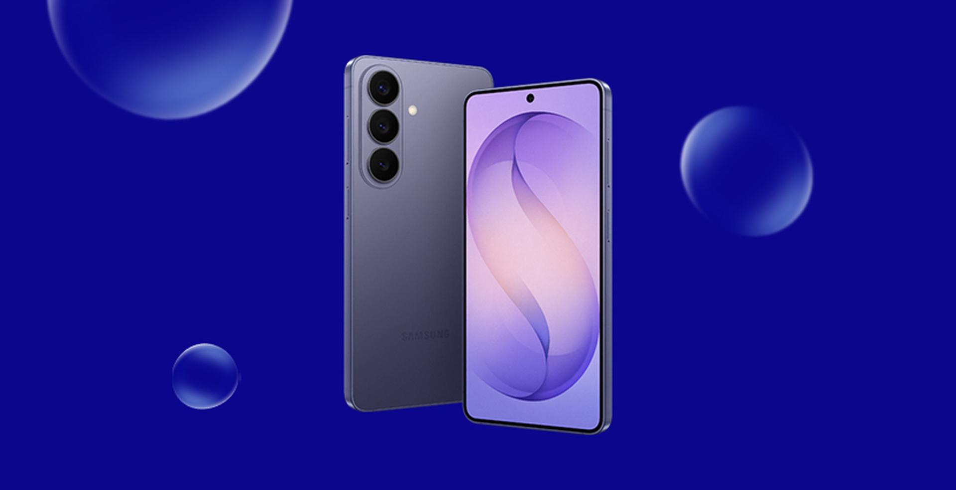 Two sleek smartphones with purple metallic finish, one showing a rear camera and the other displaying a swirled pattern on the screen, set against a blue background with bubbles.
