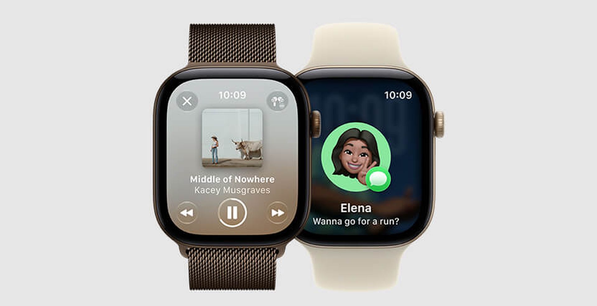 Two smartwatches displaying different screens; one shows music playback, the other shows a message app with an animated character.