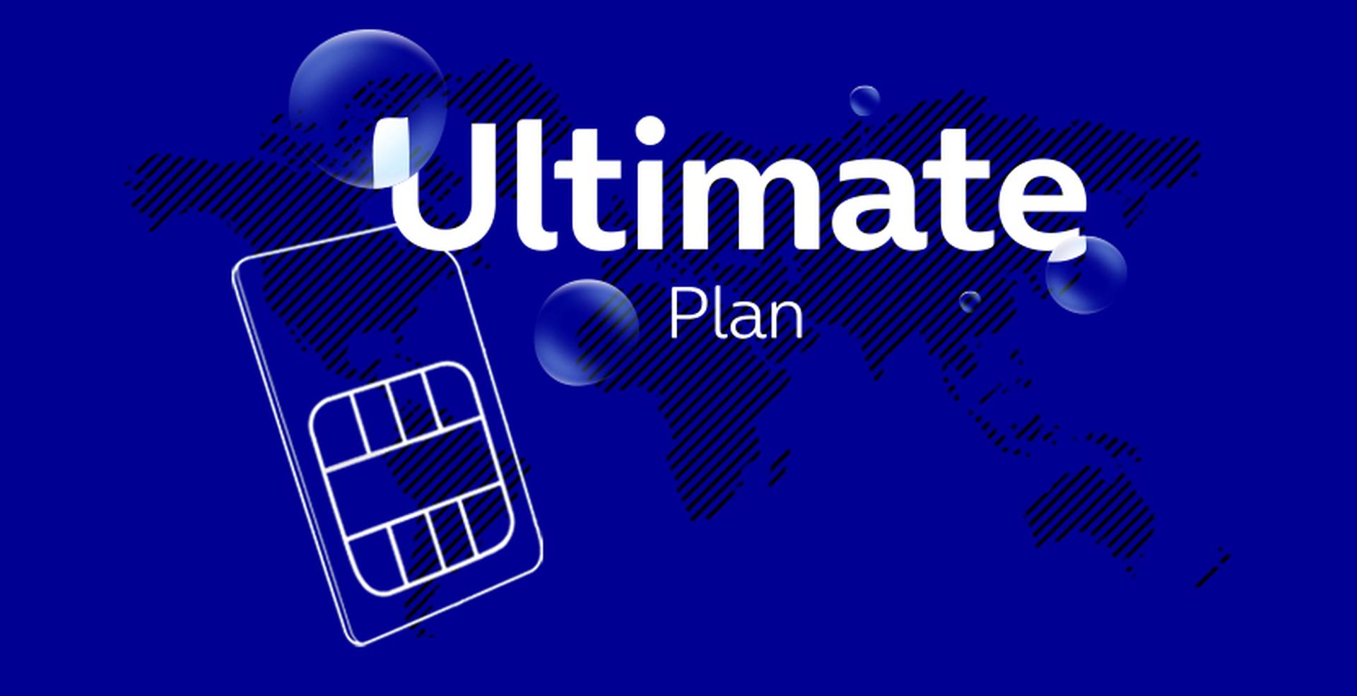 Abstract design with the text "Ultimate Plan" over a world map, featuring a SIM card illustration and circular accents.