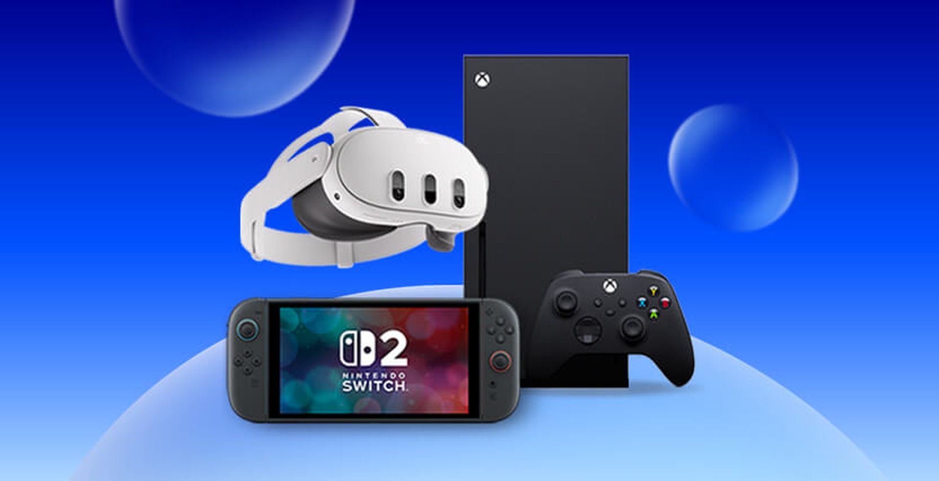 A VR headset, Xbox console with controller, and Nintendo Switch displaying "Nintendo Switch 2" against a blue background with bubbles.